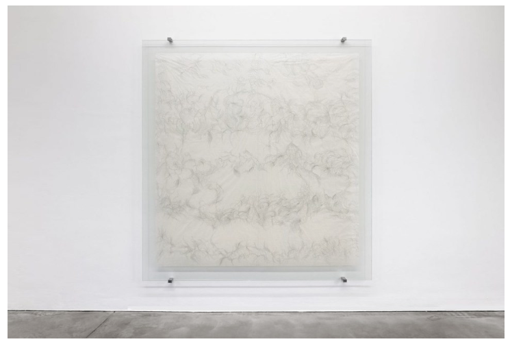 Paula Doepfner, YOU and ME (Atemzüge eines Sommertags), Tusche auf Gampi-Papier, Panzerglas, Stahl, 240 x 229 cm, 2016 – 2017. Foto: Stefan Haenel, Galerie Thomas Schulte, Berlin