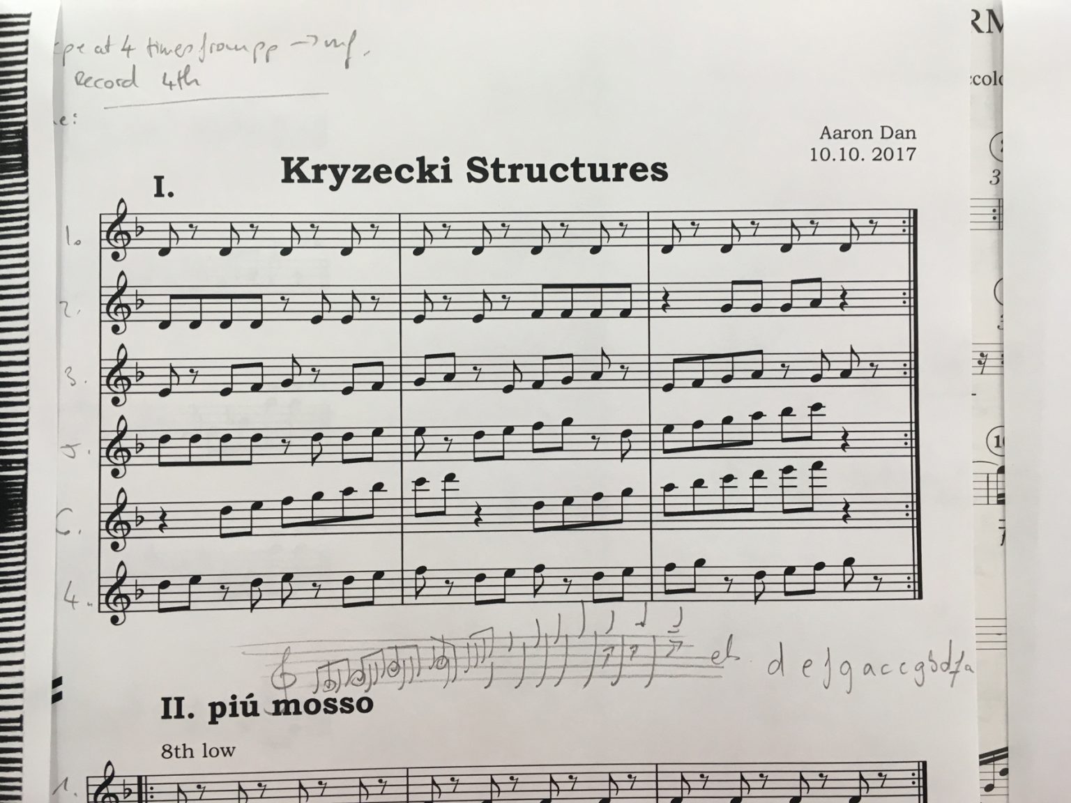 Der Musiker und Komponist Aaron Dan transformiert eine Zeichnung von Caroline Kryzecki in ein Musikstück. Das Stück für Flöte und Loop Machine heißt Kryzecki Structures. Aaron Dan hat das Stück in Kryzeckis Ausstellung Come out (to show them) in der Galerie Sexauer uraufgeführt.